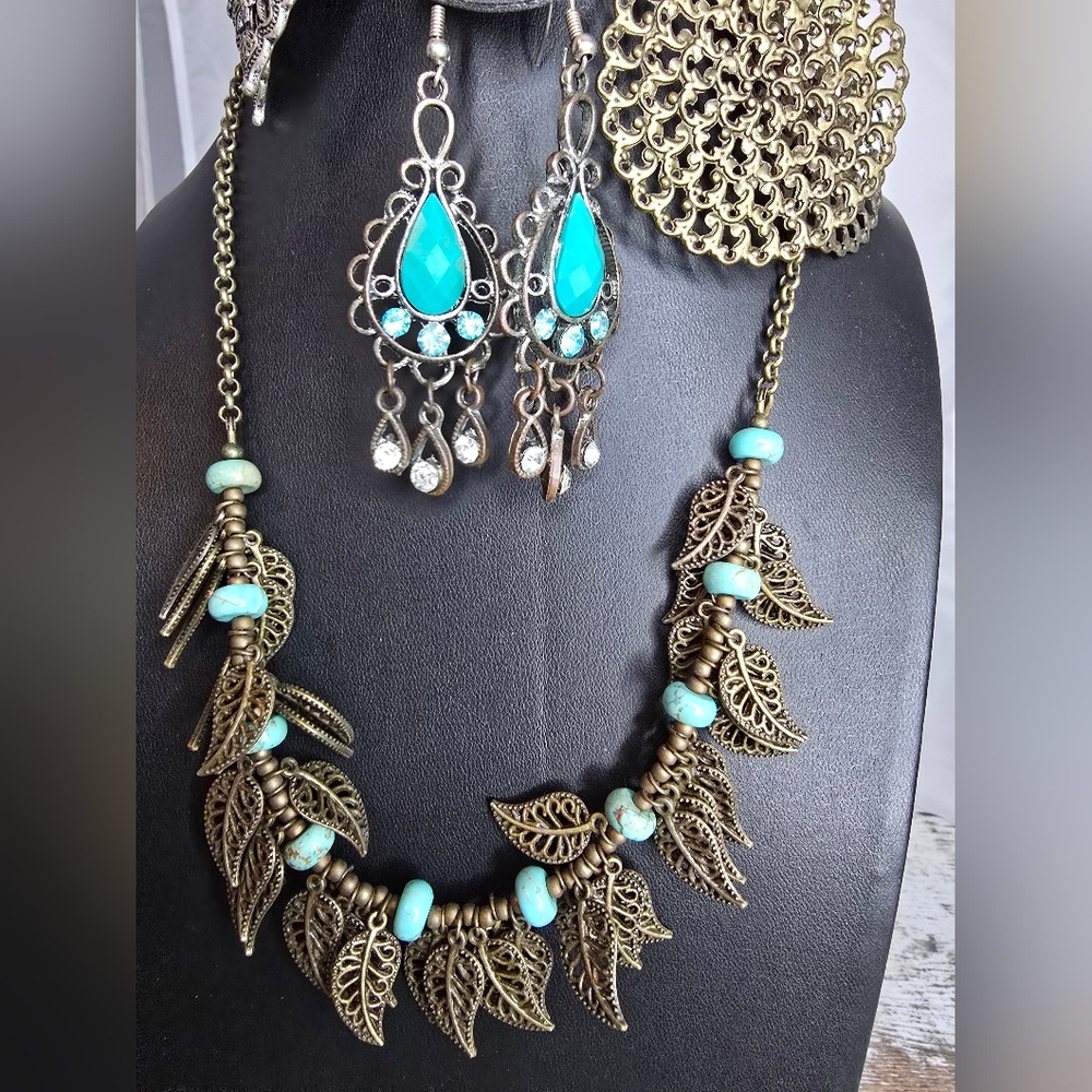 Boho Turquoise Leaf Collection Curated Jewelry Lot #116 Rustic Statement